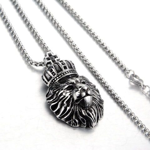 Collana con Pendente a Testa di Leone Vintage in Acciaio Inossidabile Corona Croce Strass Hip Hop Argento Antico Gioielli Uomo