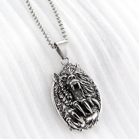 Collana con Pendente a Rilievo a Forma di Testa di Lupo Ruggente Vintage in Acciaio Inossidabile Anticato Gioielli Punk per Uomo Donna