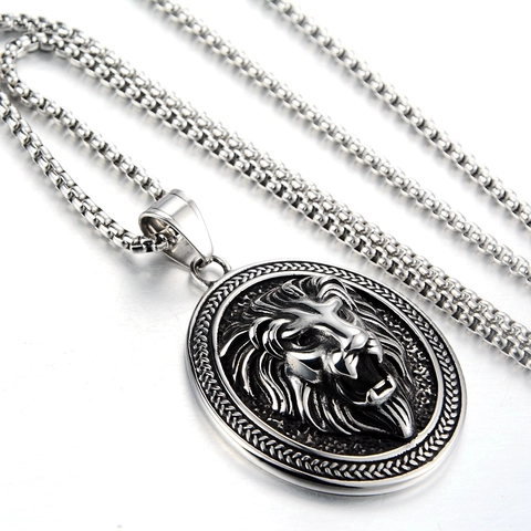 Vintage Stainless Steel Lion Head Round Pendant Necklace For Men Women Hip Hop 3D Relief Lion Medallion Coin Necklace Jewelry