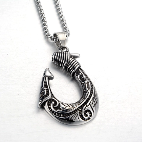 Retro Edelstahl Angelhaken Anhänger Halskette Für Herren Damen Stammestotem Geschnitzter Ozeanischer Stil Gotik Schmuck Geschenk