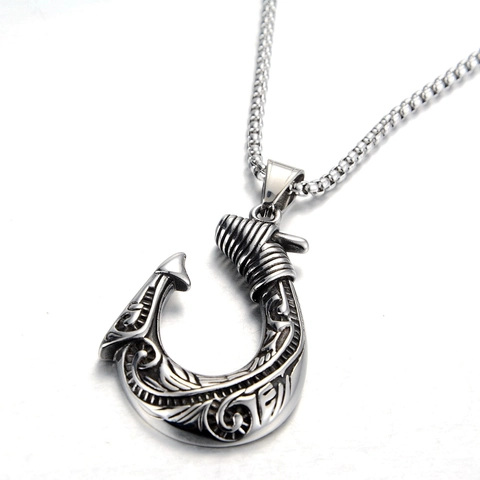 Retro Edelstahl Angelhaken Anhänger Halskette Für Herren Damen Stammestotem Geschnitzter Ozeanischer Stil Gotik Schmuck Geschenk