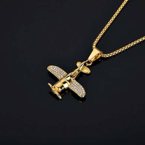 Colgante de Avión de Acero Inoxidable Bañado en Oro Hip Hop para Hombre Mujer Joyería de Avión con Zirconia sin Cadena