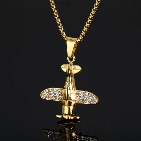 Colgante de Avión de Acero Inoxidable Bañado en Oro Hip Hop para Hombre Mujer Joyería de Avión con Zirconia sin Cadena