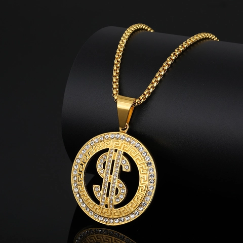 Hip Hop Stainless Steel Dollar Sign Pendant Necklace Gold Plated Inlaid Rhinestone Greek Key Meander Pattern Jewelry