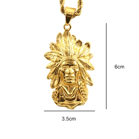 Pendentif Tête de Chef Indien Hip Hop en Acier Inoxydable Plaqué Or Collier Amérindien pour Hommes Bijoux de Rue Fête