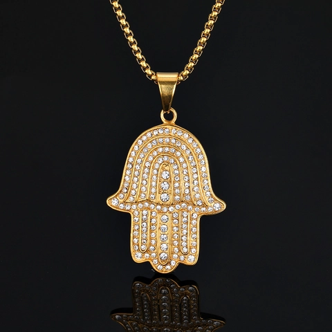 Ciondolo Mano Di Fatima Vintage Acciaio Inossidabile 316 Placcato Oro Strass Religioso Solo Ciondolo Senza Catena
