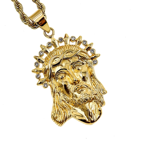 Vintage Religieuze Jezus Portret Hanger Ketting Roestvrij Staal Strass Verguld Jezus Portret Touwketting Voor Mannen Vrouwen Sieraden