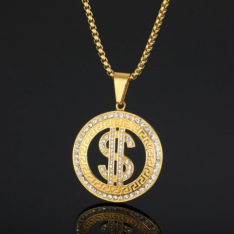 Hip Hop Stainless Steel Dollar Sign Pendant Necklace Gold Plated Inlaid Rhinestone Greek Key Meander Pattern Jewelry