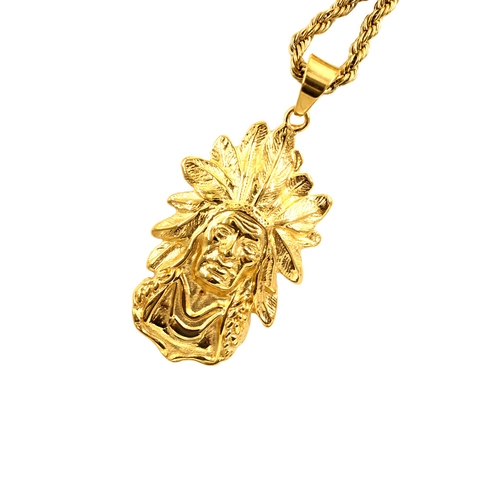 Pendentif Tête de Chef Indien Hip Hop en Acier Inoxydable Plaqué Or Collier Amérindien pour Hommes Bijoux de Rue Fête
