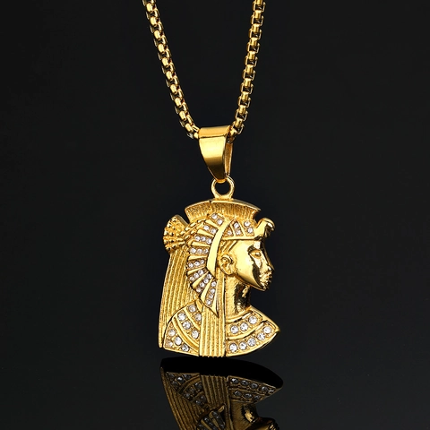 Ciondolo Solo Antico Egiziano Faraone Cleopatra Ritratto Acciaio Inossidabile Oro Strass Intarsiato Gioielli Hip Hop Uomo