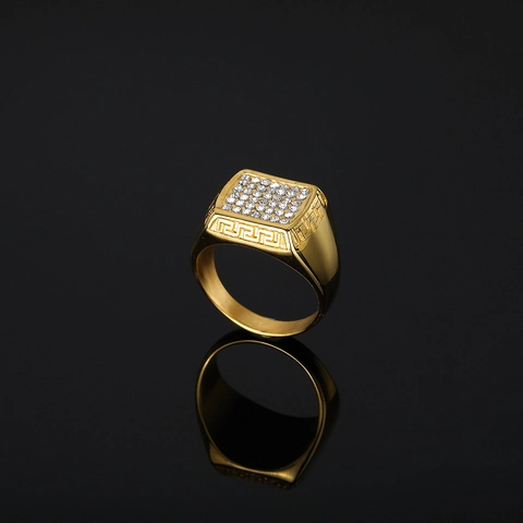 Anello Rettangolare in Acciaio Inossidabile Hip Hop Placcato Oro Pavé di Strass Motivo Greca Quadrato Gioielli Punk per Uomo Donna