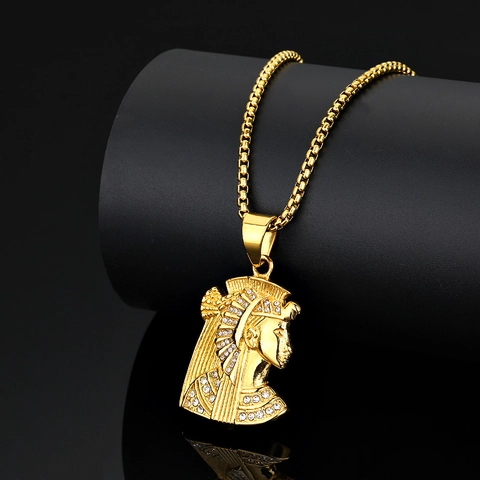 Ciondolo Solo Antico Egiziano Faraone Cleopatra Ritratto Acciaio Inossidabile Oro Strass Intarsiato Gioielli Hip Hop Uomo