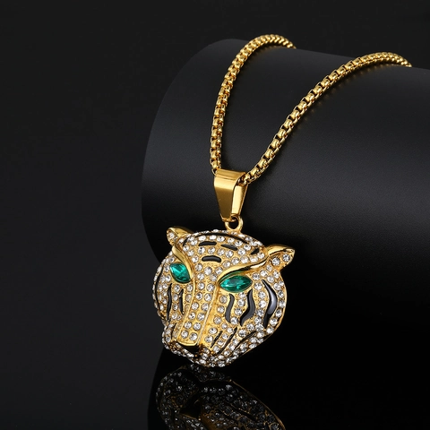 Hip Hop 316 Stainless Steel Leopard Head Pendant Necklace Gold Plated Pave Rhinestone Animal Tiger Necklaces For Men Women Jewelry