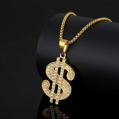 Collar con Colgante de Signo de Dólar de Acero Inoxidable Hip Hop Chapado en Oro Diamante de Imitación Joyería para Hombre Mujer