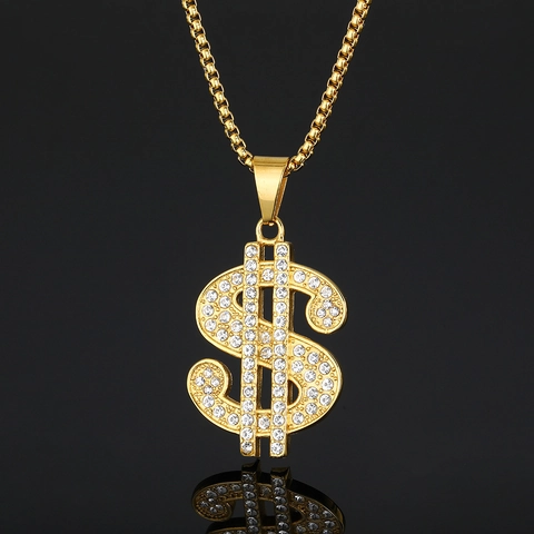 Collar con Colgante de Signo de Dólar de Acero Inoxidable Hip Hop Chapado en Oro Diamante de Imitación Joyería para Hombre Mujer