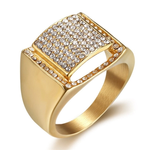 Hip Hop Punk Stainless Steel Square Signet Ring For Men Women Gold Plated Pavé Rhinestone Geometric Iced Out Brushed Ring