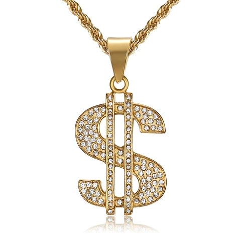 Collana con Ciondolo Segno del Dollaro Iced Out Acciaio Inossidabile 316 Placcato Oro Zirconia Hip Hop Gioielli da Uomo