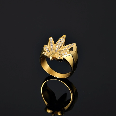 Χιπ Χοπ Δαχτυλίδι Με Φύλλο Κάνναβης Iced Out Για Άνδρες Γυναίκες Επιχρυσωμένο Ανοξείδωτο Ατσάλι Με Στρας Κοσμήματα