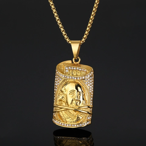 Collana con Ciondolo a Forma di Banconota da $100 Hip Hop in Acciaio Inossidabile con Ritratto di Benjamin Franklin e Strass
