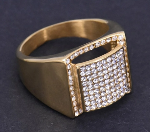 Hip Hop Punk Stainless Steel Square Signet Ring For Men Women Gold Plated Pavé Rhinestone Geometric Iced Out Brushed Ring