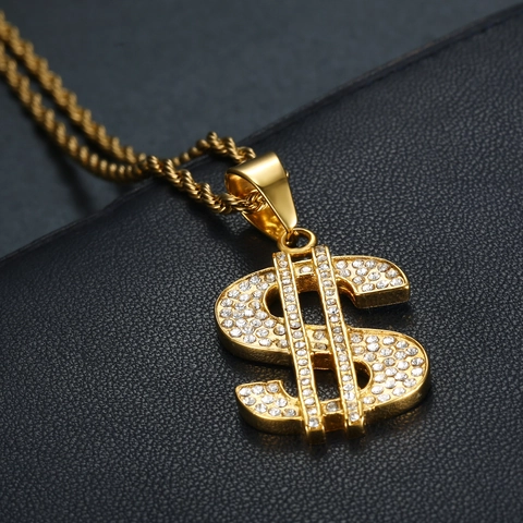 Collana con Ciondolo Segno del Dollaro Iced Out Acciaio Inossidabile 316 Placcato Oro Zirconia Hip Hop Gioielli da Uomo