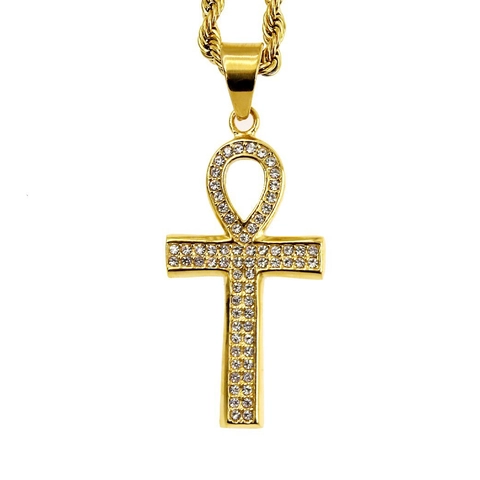 Ciondolo Croce Ankh Egiziana Solo (Senza Catena) Placcato Oro Acciaio Inossidabile 316 Zirconia Chiave della Vita Gioielli Uomo Donna