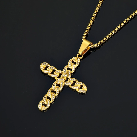 Ciondolo a Croce Hip Hop Senza Catena Acciaio Inossidabile 316 Placcato Oro Design a Maglia Cubana Zirconia Gioielli