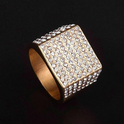 Men Hip Hop Square Iced Out Ring Stainless Steel Gold Plated Rhinestone Pave Band Ring For Men Fashion Jewelry Accessory