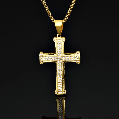 Ciondolo a Croce in Acciaio Inossidabile Placcato Oro Con Intarsio di Strass Gioielli Stile Religioso Hip Hop Ciondolo Solo