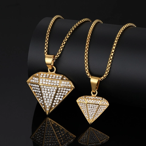 Hip Hop Punk Gold Plated Stainless Steel Diamond Shape Pave Rhinestone Pendant Only For Men Street Jewelry Without Chain