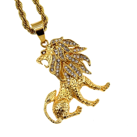 Ciondolo Testa di Leone in Acciaio Inossidabile Hip Hop Solo Senza Catena per Uomo Oro Strass Animale Punk Gioielli
