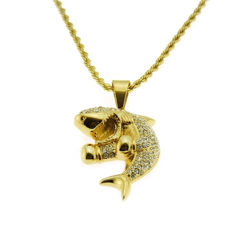 Ciondolo Squalo Hip Hop Con Strass Acciaio Inossidabile 316 Placcato Oro Gioielli Unisex (Ciondolo Solo Senza Catena)