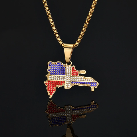 Dominican Republic Map Flag Pendant Necklace Stainless Steel Gold Plated Rhinestone Hip Hop Jewelry Men Women Necklaces
