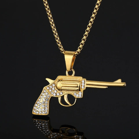 Hip Hop 316 Edelstahl Revolver Anhänger Vergoldet Mit Strass Besetzt Pistole Schmuck Nur Anhänger Ohne Kette