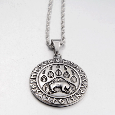 Collana con Ciondolo a Zampa d'Orso Vichingo Nordico Rune Bussola Moneta Rotonda Acciaio al Titanio Gioielli Retro per Uomo Donna