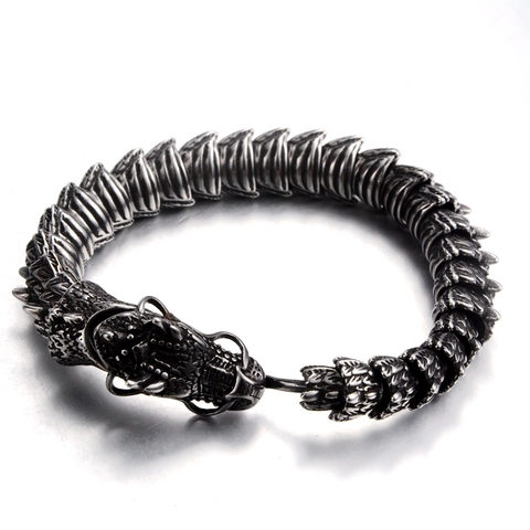 Bracelet Dragon en Acier Inoxydable Vintage pour Hommes Femmes Rétro Argent Antique Tête de Dragon Punk Gothique Bijoux