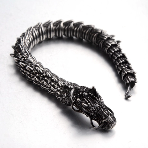 Bracelet Dragon en Acier Inoxydable Vintage pour Hommes Femmes Rétro Argent Antique Tête de Dragon Punk Gothique Bijoux