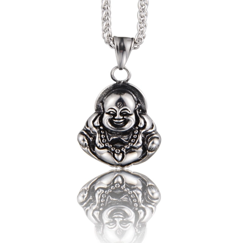 Stainless Steel Laughing Buddha Pendant Necklace Retro Chinese Style Maitreya Buddha Religious Hip Hop Jewelry For Men Women