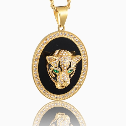 Roestvrij Staal Luipaardkop Ronde Hanger Halsketting Met Groene Zirconia Ogen En Strass Hip Hop Sieraden Voor Mannen Vrouwen