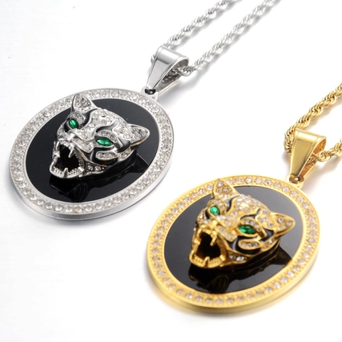 Roestvrij Staal Luipaardkop Ronde Hanger Halsketting Met Groene Zirconia Ogen En Strass Hip Hop Sieraden Voor Mannen Vrouwen