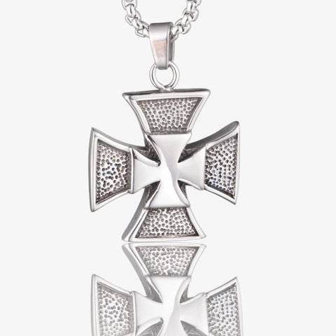Men Stainless Steel Maltese Iron Cross Pendant Necklace Double Layer Textured Punk Gothic Style Jewelry For Unisex