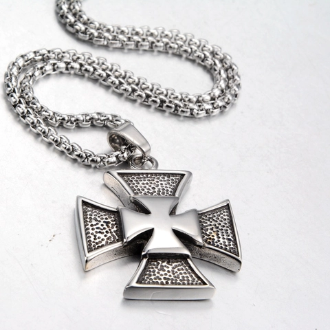 Men Stainless Steel Maltese Iron Cross Pendant Necklace Double Layer Textured Punk Gothic Style Jewelry For Unisex