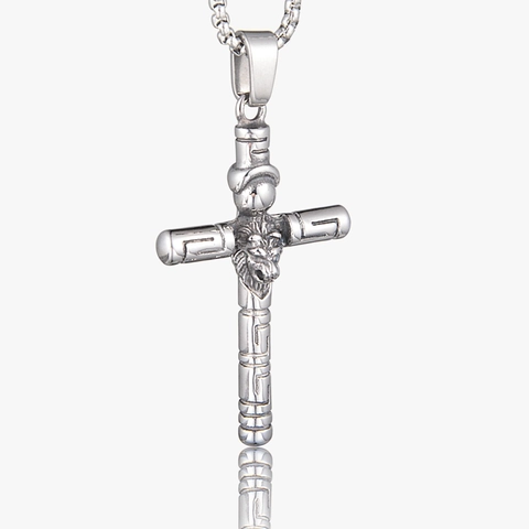Vintage Stainless Steel Lion Head Cross Pendant Necklace With Greek Meander Pattern Gothic Punk Jewelry For Men Women