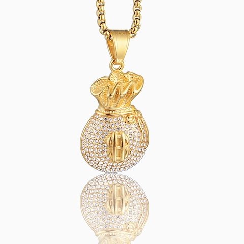 Hip Hop Stainless Steel Money Bag Pendant Necklace Pave Rhinestone Dollar Sign Gold Silver Plated Jewelry For Men Women