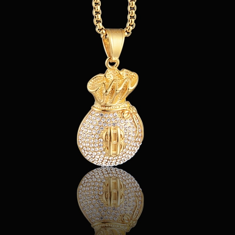 Hip Hop Stainless Steel Money Bag Pendant Necklace Pave Rhinestone Dollar Sign Gold Silver Plated Jewelry For Men Women