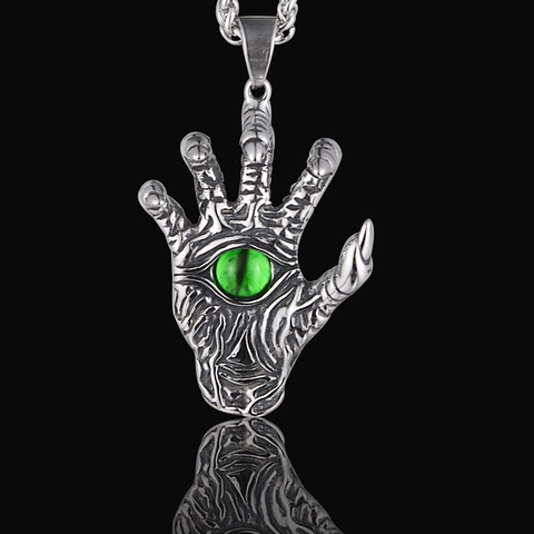 Gothic Stainless Steel Skull Hand Demon Eye Pendant Necklace Punk Antique Silver Green Evil Eye Claw Necklace For Men Women