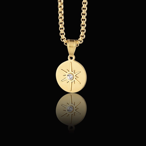 Collana con Pendente Sole e Stella in Acciaio Inossidabile Hip Hop Con Strass Intarsiato Gioielli di Moda Unisex