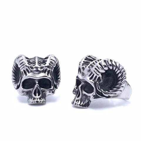Anello Teschio con Corna di Capra in Acciaio Inossidabile Vintage per Uomo Gioielli Gothic Punk Biker Lucidato Anello