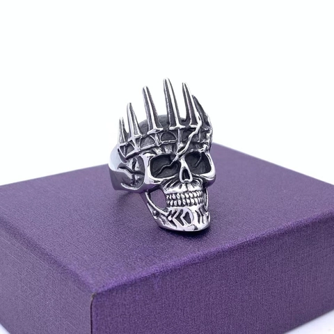 Gothic Punk Skull Crown Ring For Men Stainless Steel Antique Silver Vintage Biker Ring Halloween Party Jewelry Gift