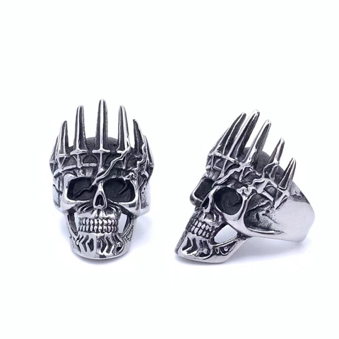 Gothic Punk Skull Crown Ring For Men Stainless Steel Antique Silver Vintage Biker Ring Halloween Party Jewelry Gift